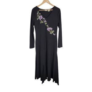 Whimsigoth Dress 12 Maxi Black Fairy Grunge Asymmetrical Witchy‎ Embroidered y2k